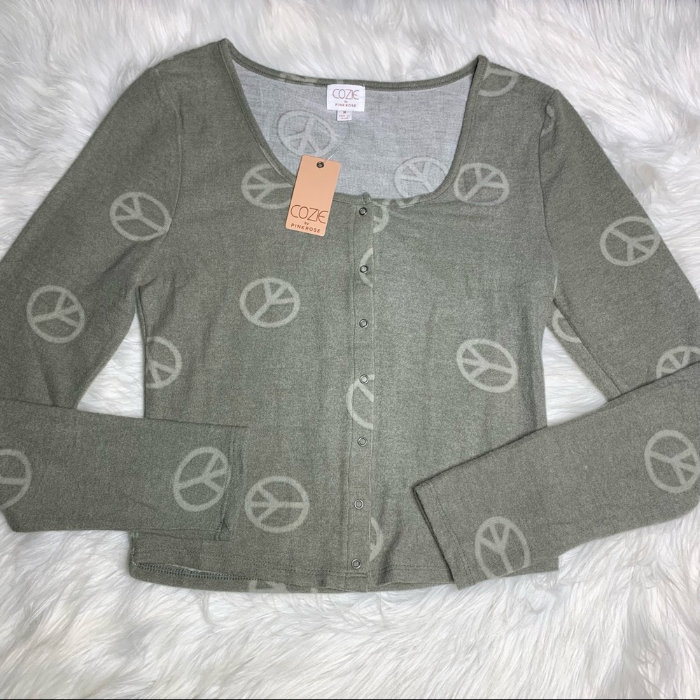 Cozie Olive Green Cardigan Button Down Peace Sign Print Sweater Size Medium